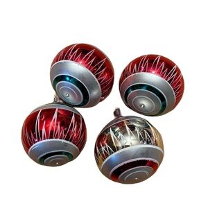 Vintage Glass Ball Painted Festive Red and Silver Ornaments Christmas